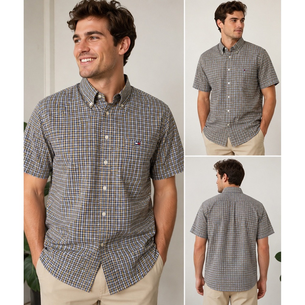 Tommy Hilfiger Mens XL Plaid Short Sleeve Button Down Shirt Yellow Navy Cotton